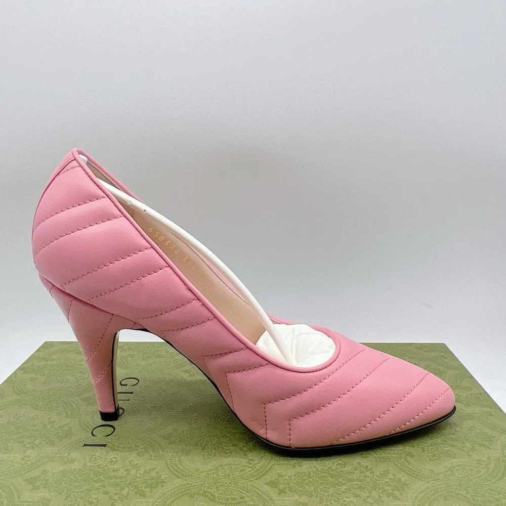 Gucci Chevron Matelasse mini Double G Logo Heel Pumps Pink Leather EU 37.5 - NEW - Picture 9 of 15